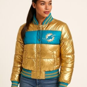 ✨ Miami Dolphins Women’s Gold Aqua Puffer Jacket G-III Apparel Group Sz L NFL Fo